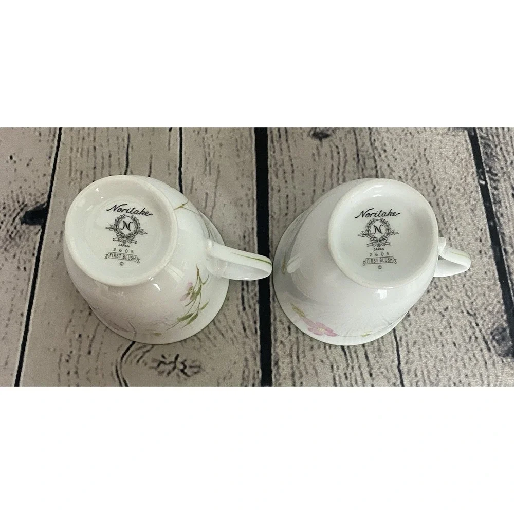 Noritake First Blush Tea Cup Saucer Set Of 4Pink & White Flower Green Trim #2605